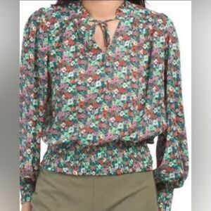 Rachel Zoe Green Floral V-Neck Tassel Tie Boho Peasant Blouse Women's Size Med